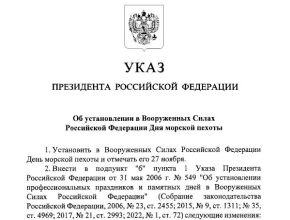 Владимир Путин распорядился установить День морской пехоты и отмечать его 27 ноября